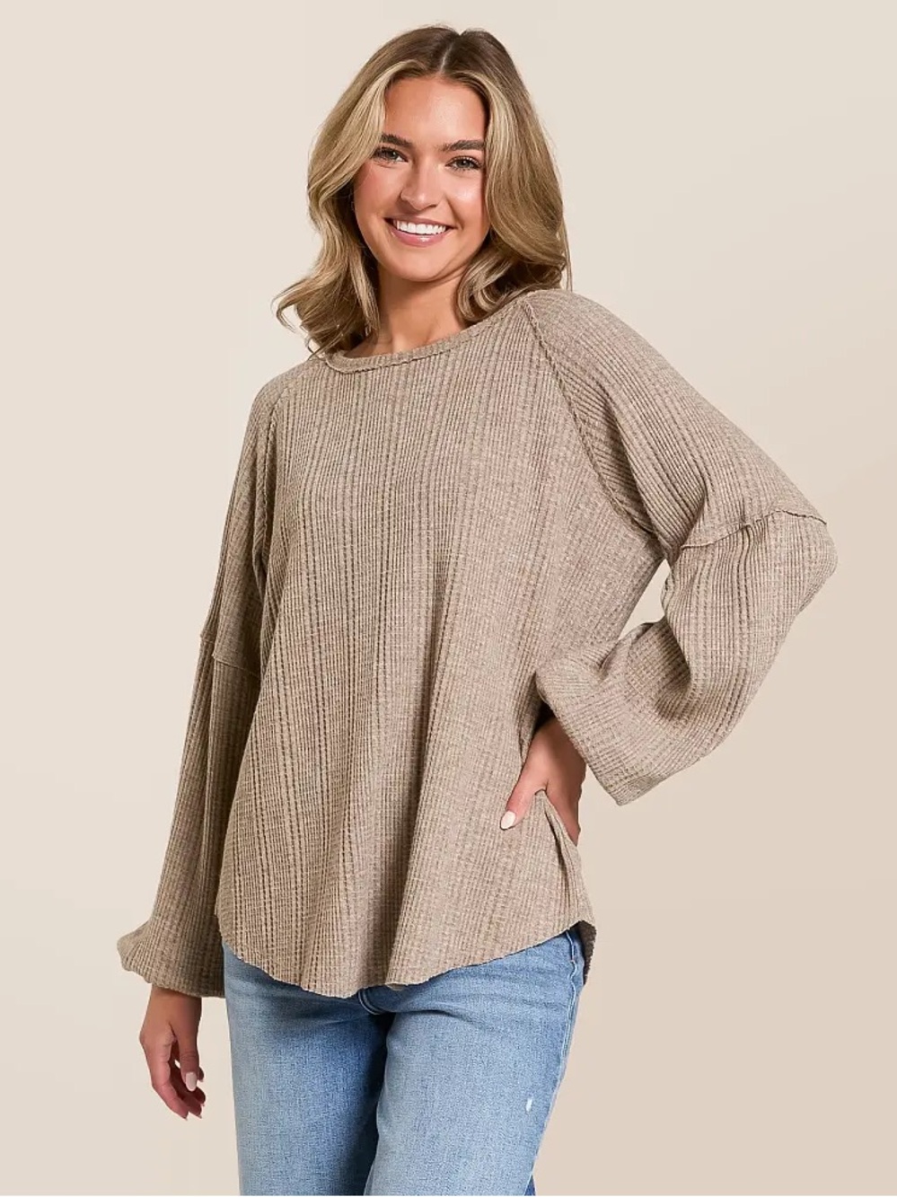 Buckle Heathered Crewneck Top - Taupe